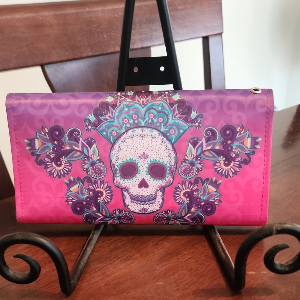 Sugar Skull Pink and Purple Skull Design Wallet - Picture 3 of 7